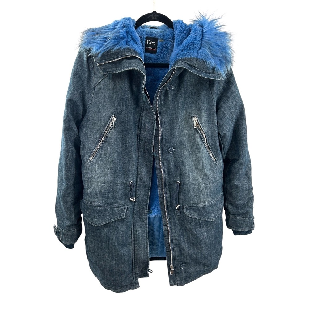 Dex Outerwear Collection Denim Parka Coat Blue Faux‎ Fur Trim Hood xsmall